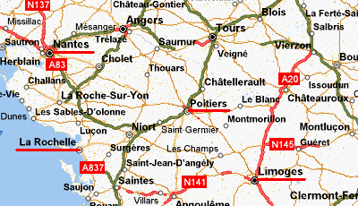 Nearest Airports to us, underlined in red - La Rochelle, Poitiers, Nantes, Limoges